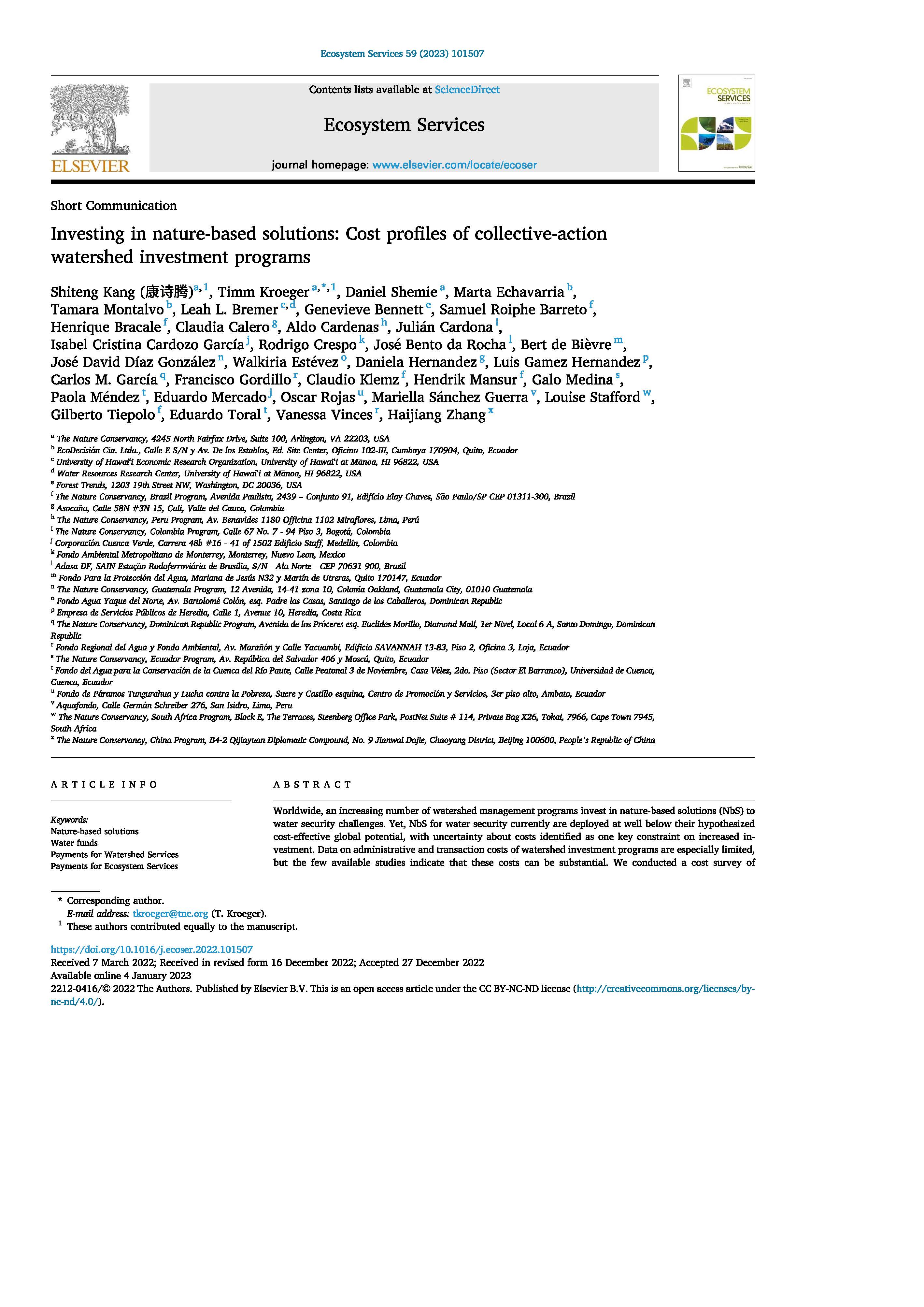 Investing in nature-based solutions: Cost profiles of collective-action watershed investment programs