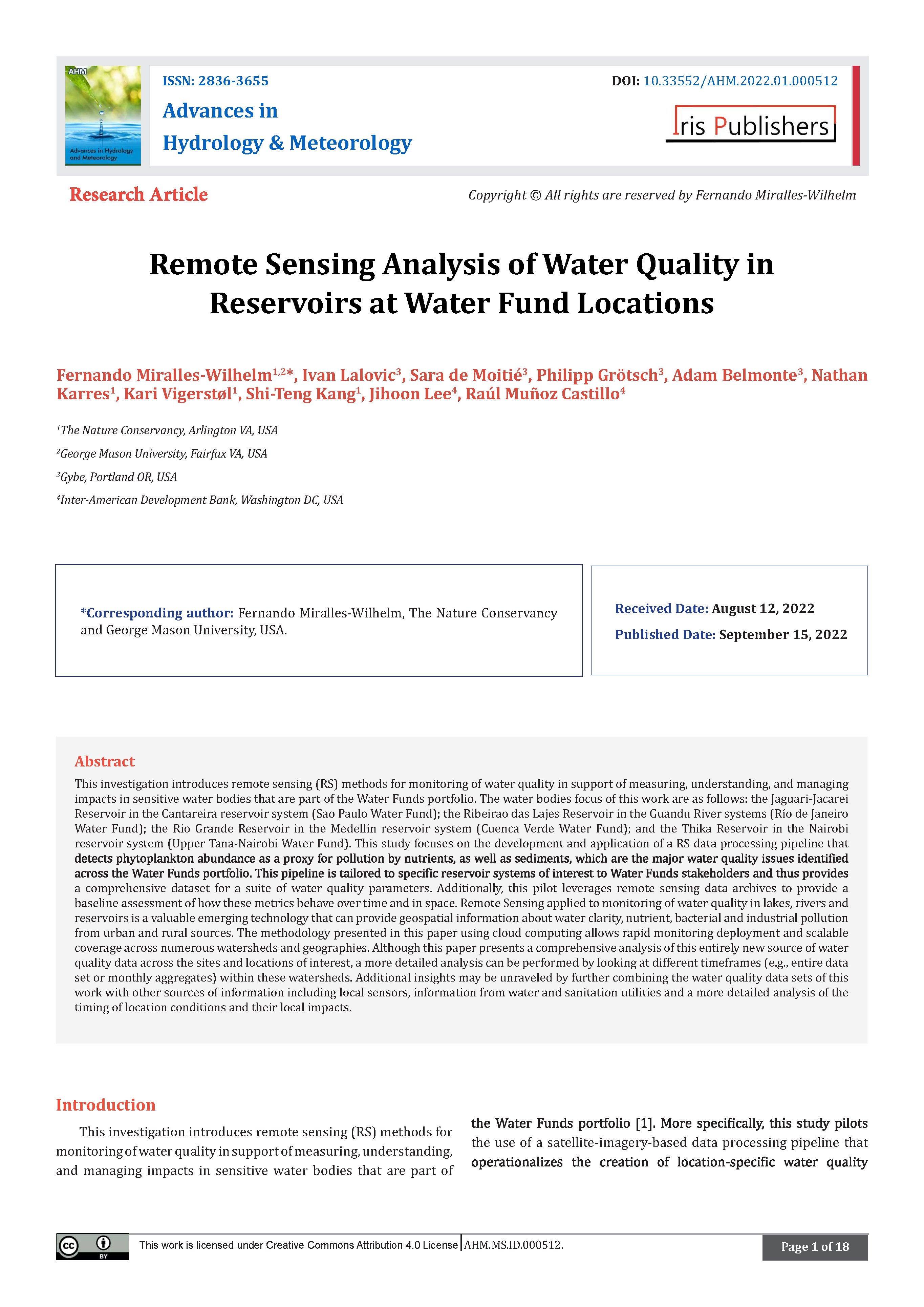 Remote Sensing Analysis of Water Quality in Reservoirs at Water Fund Locations