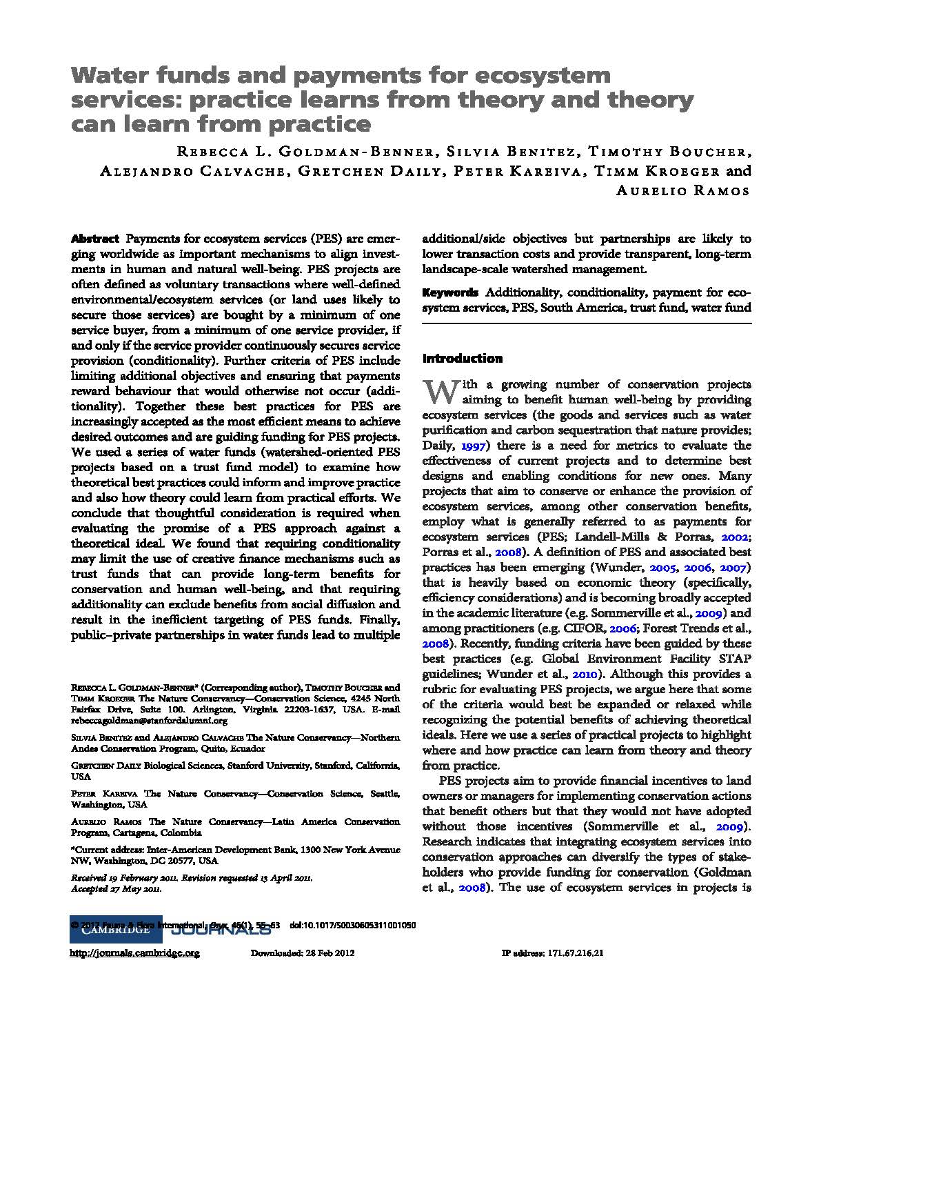 Water funds and payments for ecosystem services: practice learns from theory and theory can learn from practice