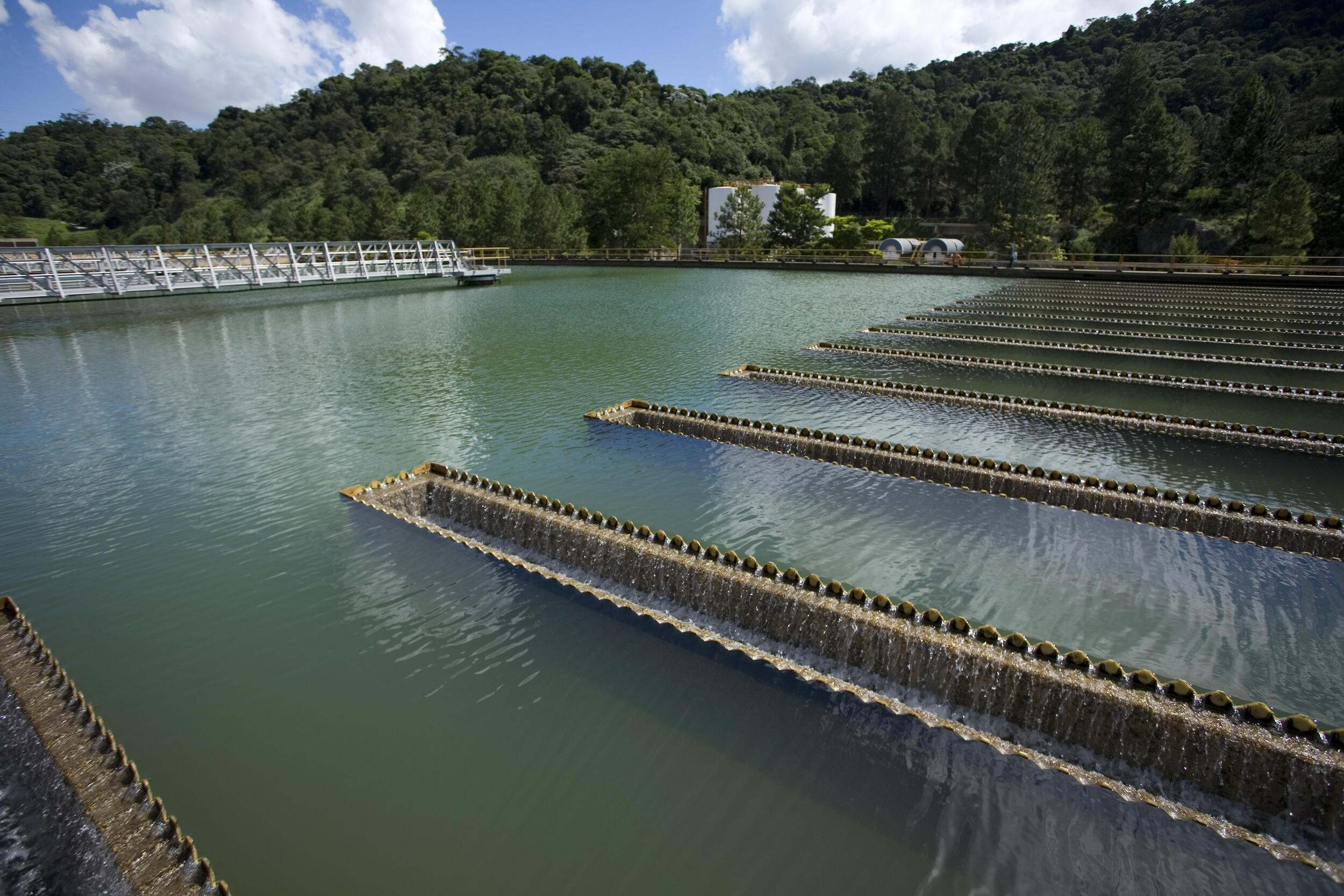 Water treatment holding tanks at the water purification facility that supplies fifty percent of Sao Paulo's drinking water, Brazil.