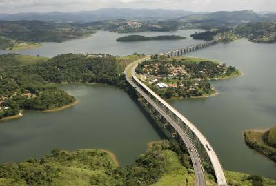 Aerial view of a multi-lane highway crossing the Atibaina Reservoir near the town of Nazare Paulista, Brazil. 