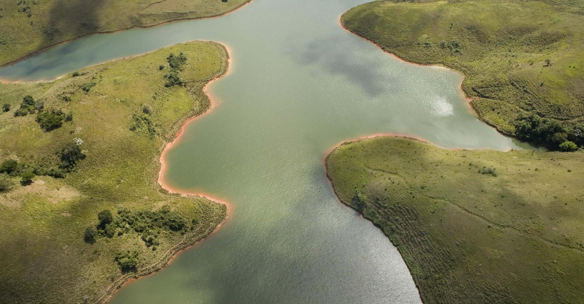 Aerial view of the deforested landscape surrounding the Cachoeira Reservoir, Brazil
