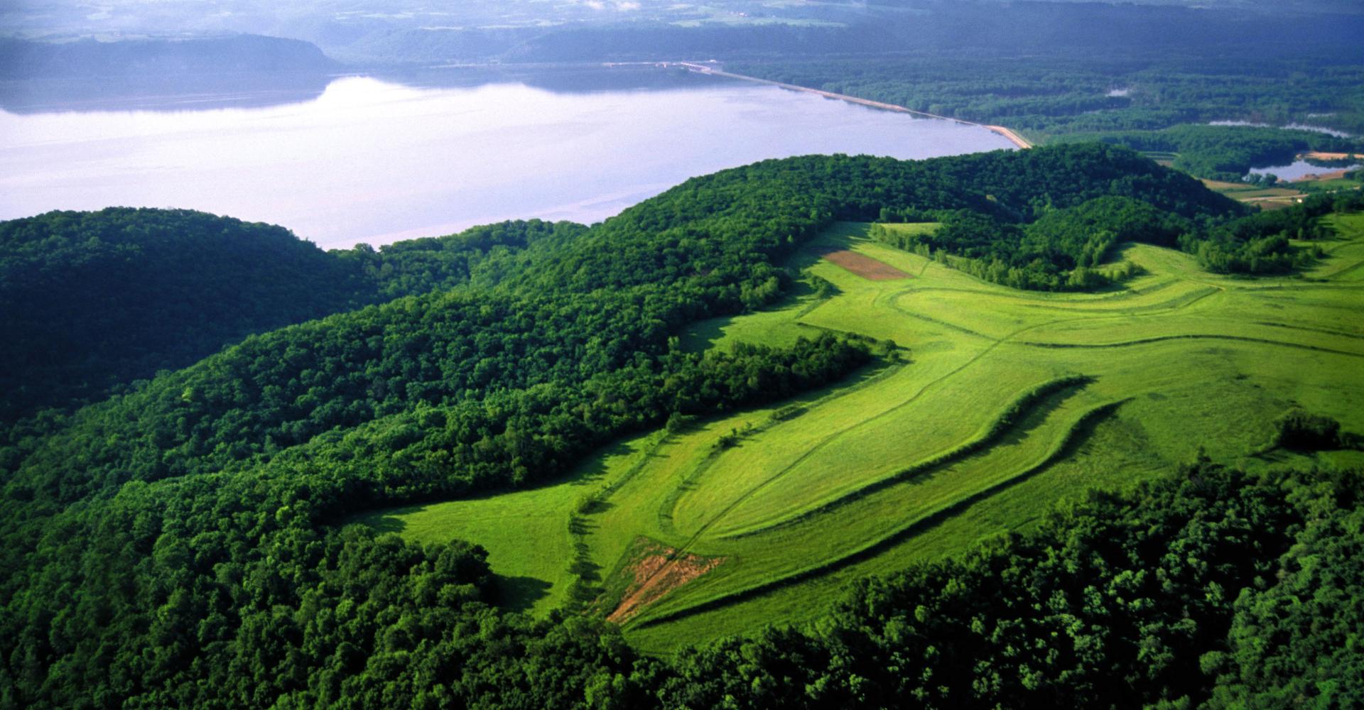 aerial view of green luscious hill and water basin